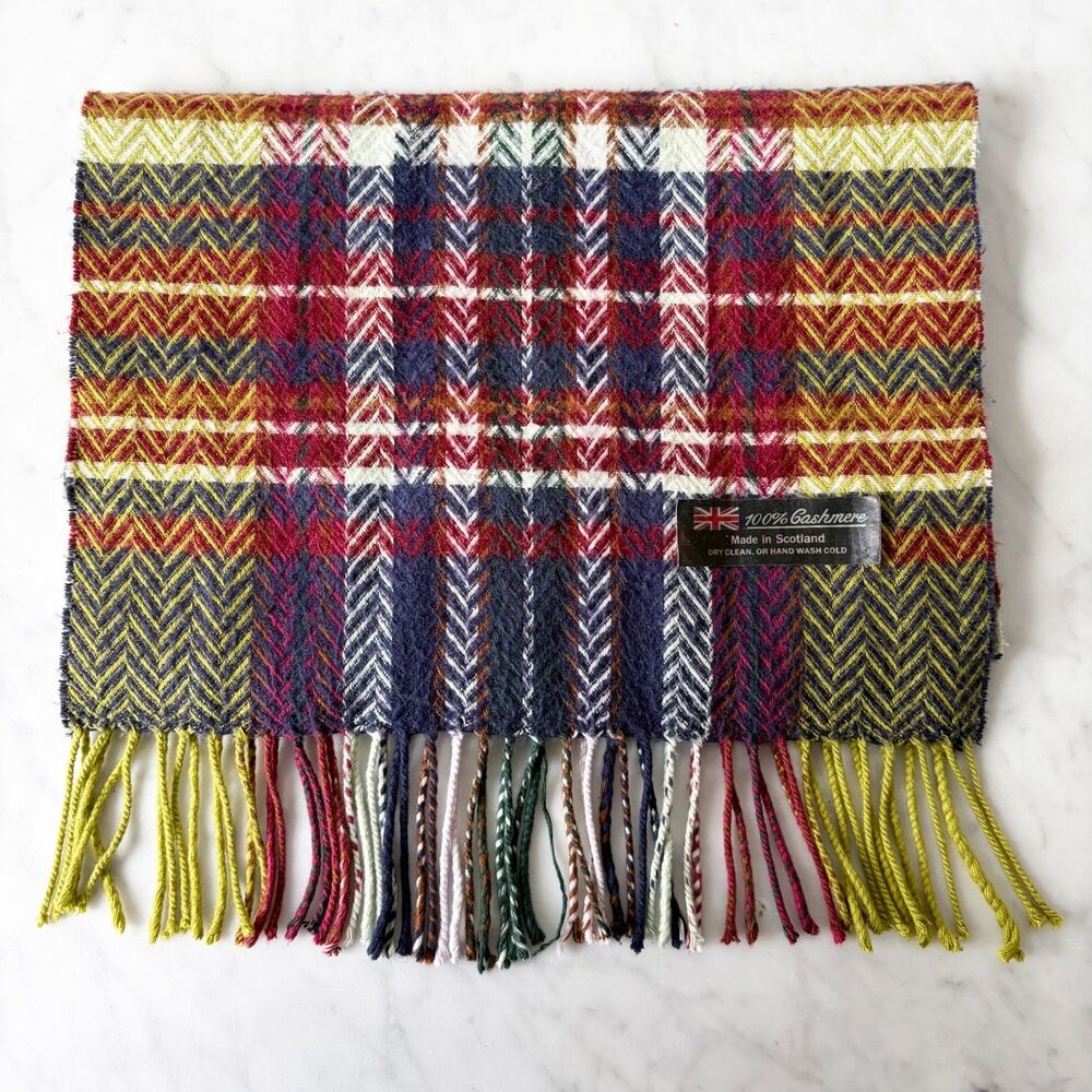 Vintage Cashmere Scarf Made in Scotland Plaid Tartan Magenta Blue Yellow-Green